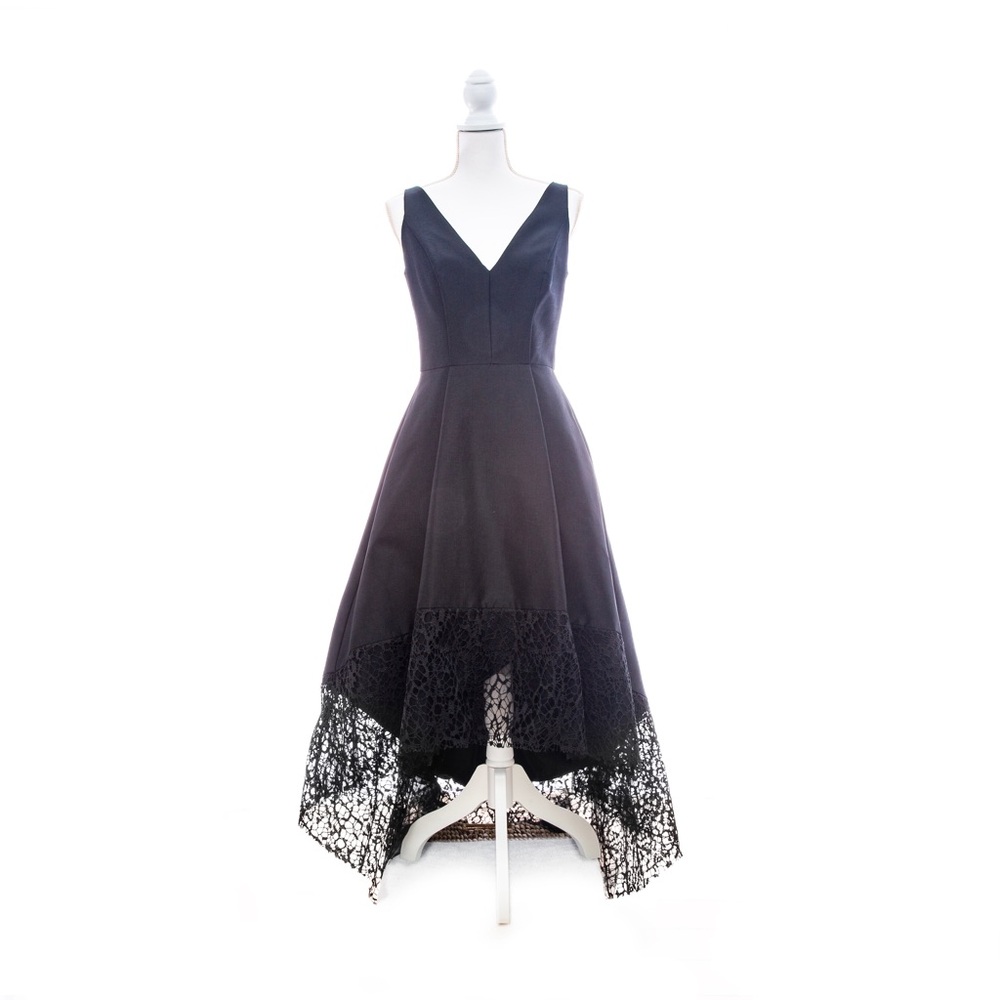 Betsy & Adam Black High Low Dress with Lace